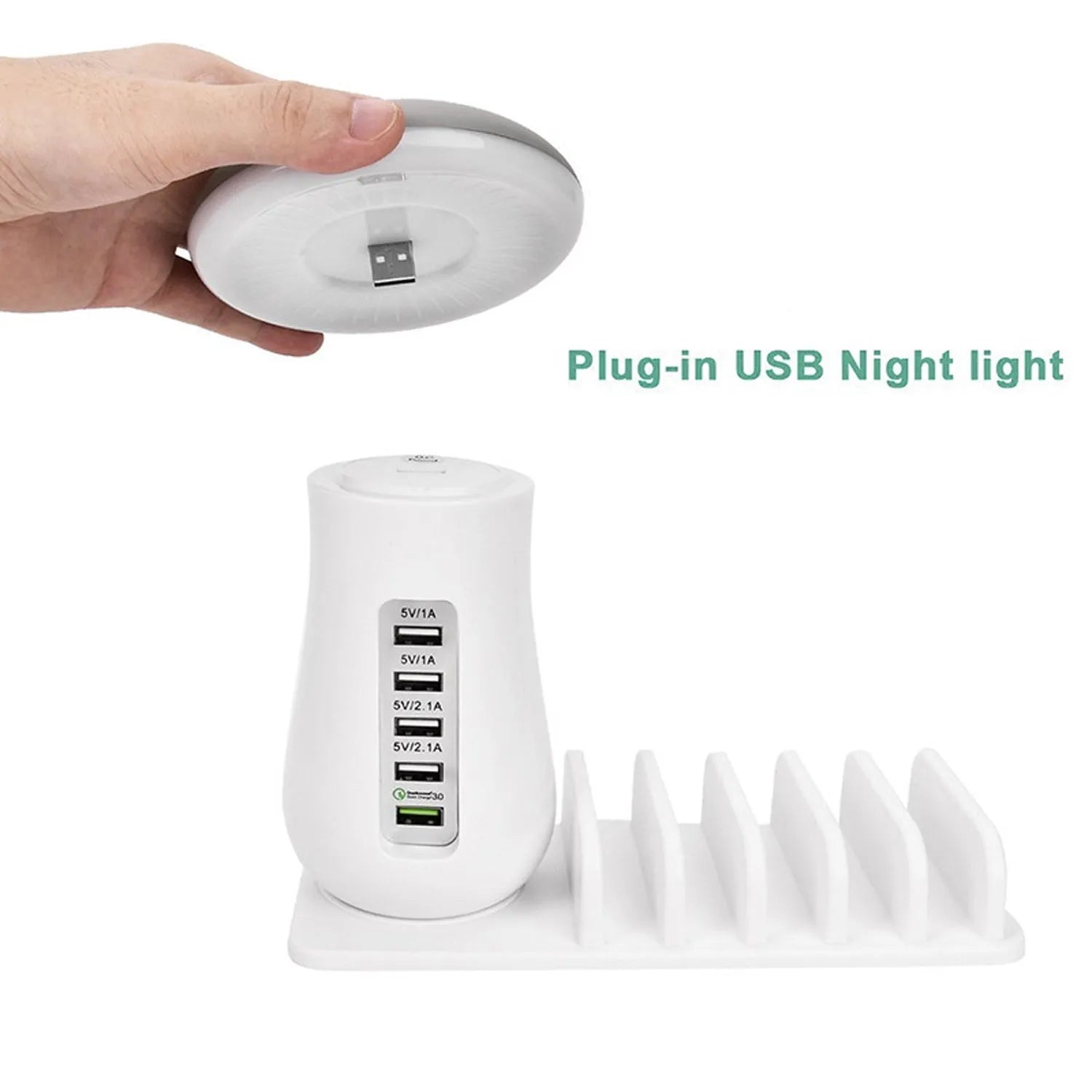 White mushroom-shaped LED light on a five-port USB charging station for phones and tablets