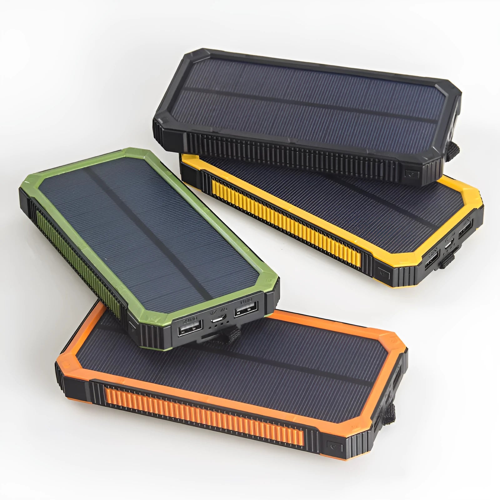 Solar power bank portable charger in black, green, orange, or yellow colours showing front and solar panel.