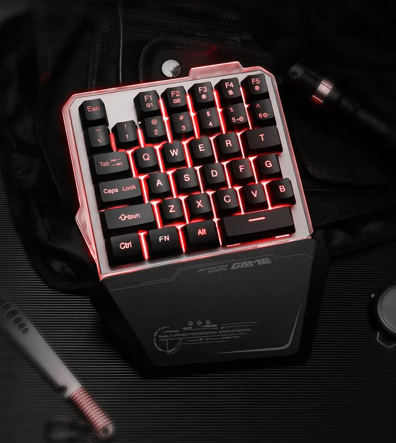G40 black one-handed mechanical gaming keyboard with RGB backlit keys and a USB cable.