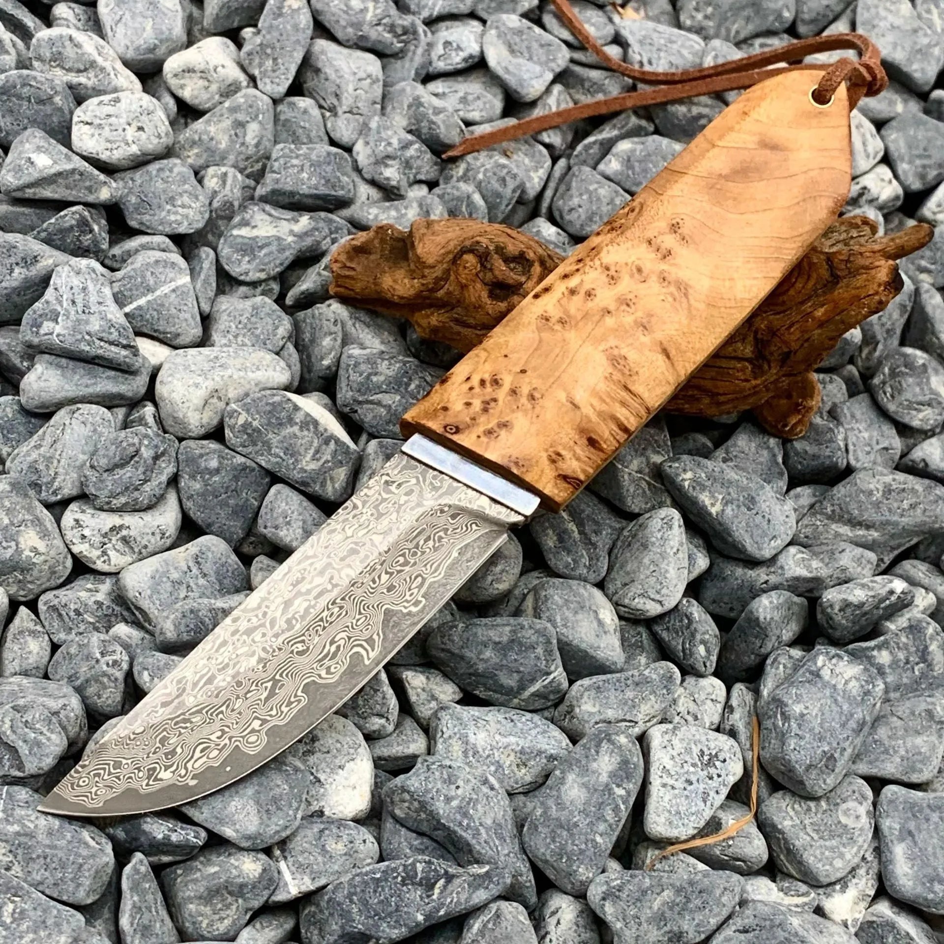 White shadow short knife with damascus VG10 steel blade and Thuja wood handle, 18cm total length