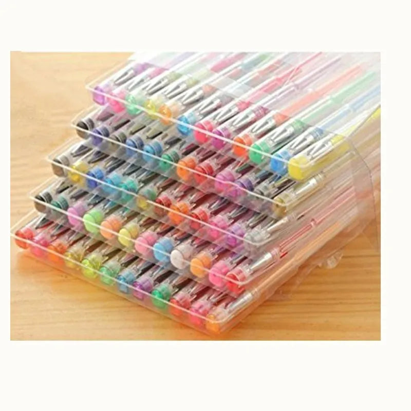 100 colour gel pens with dual 0.5mm and 1.0mm tips displayed in set, each 15cm long