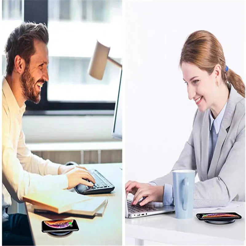 Black aluminium wireless charging pad with LED light and phone positioned for Qi charging
