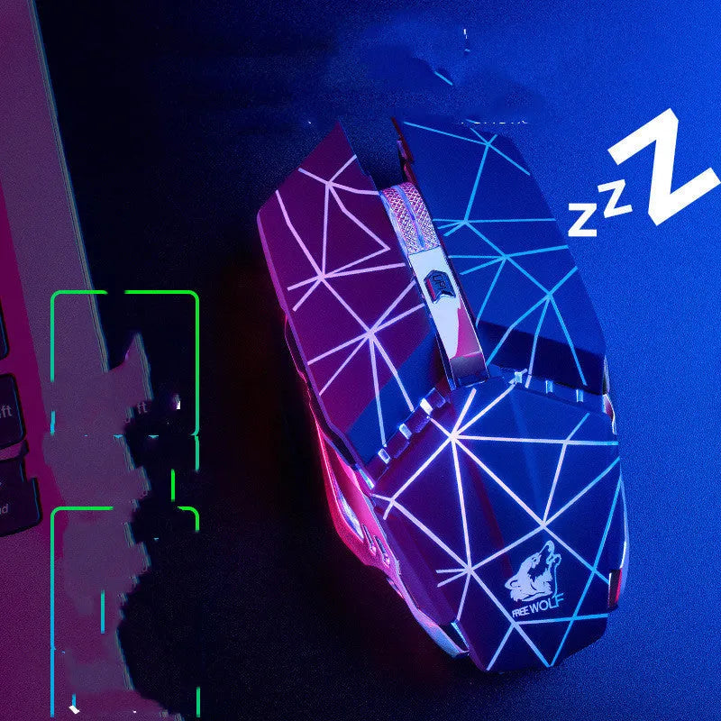 Black rechargeable wireless gaming mouse with six buttons and ergonomic shape on a desk