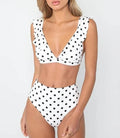 Women's dot floral border high waist swimsuit in blue, with built-in cup support, for beachwear.