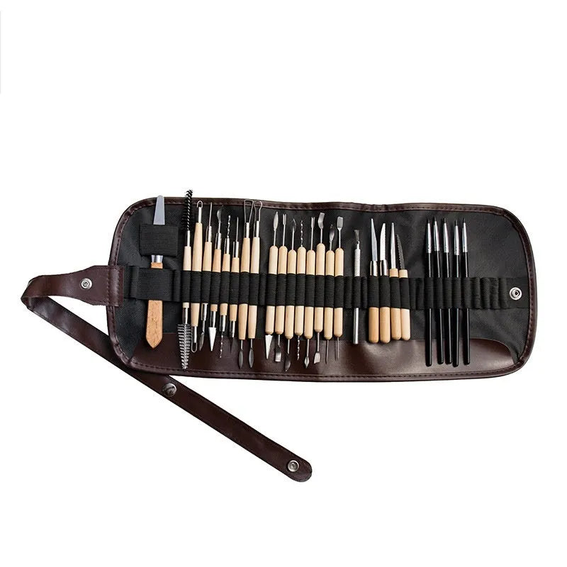 27-piece pottery clay tool set with stainless steel, wood, and plastic sculpting tools rolled in a package.