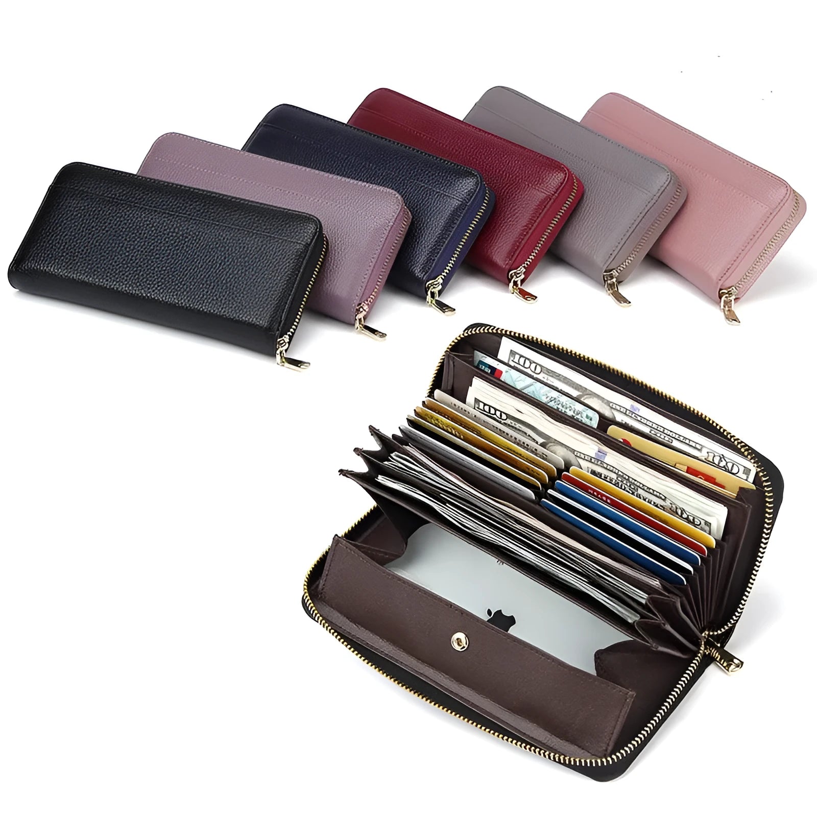 Genuine leather long wallet for women in six colour options showing anti-theft card slot and large capacity interior