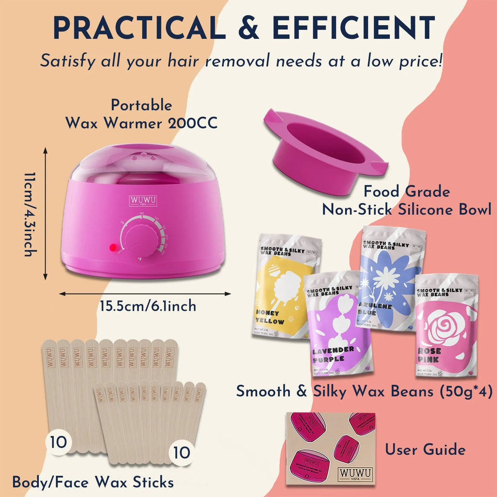 27-piece hypoallergenic wax hair removal kit with wax heater machine and four coloured wax beads