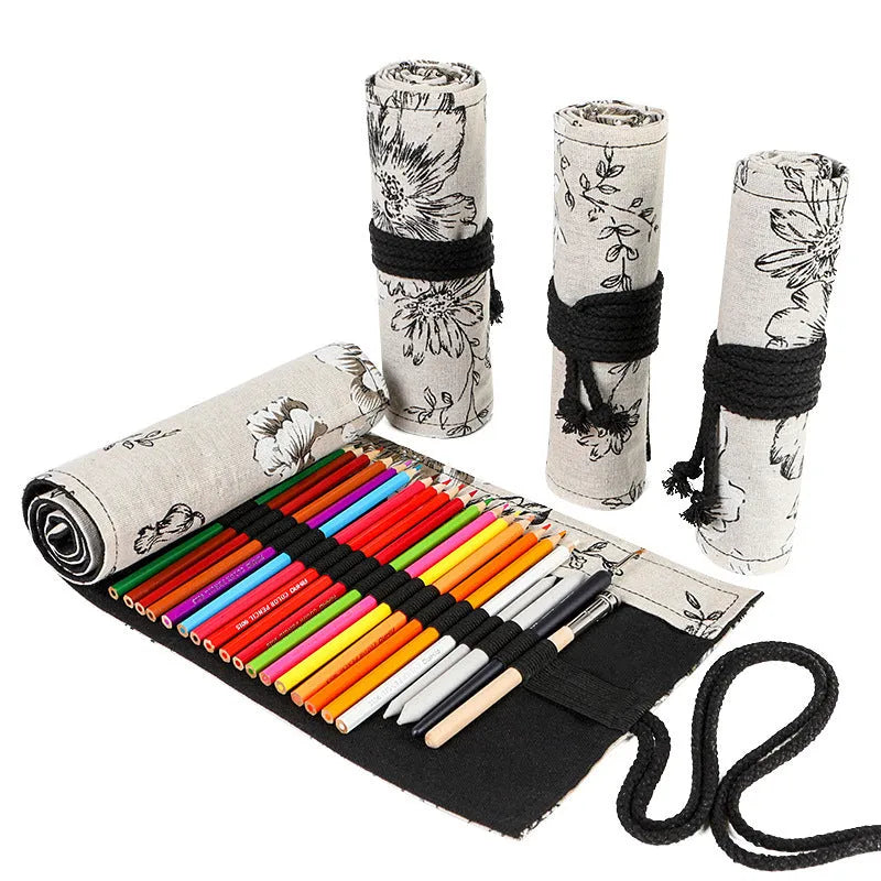 Black peony print canvas pencil roll bag with cotton hemp fabric