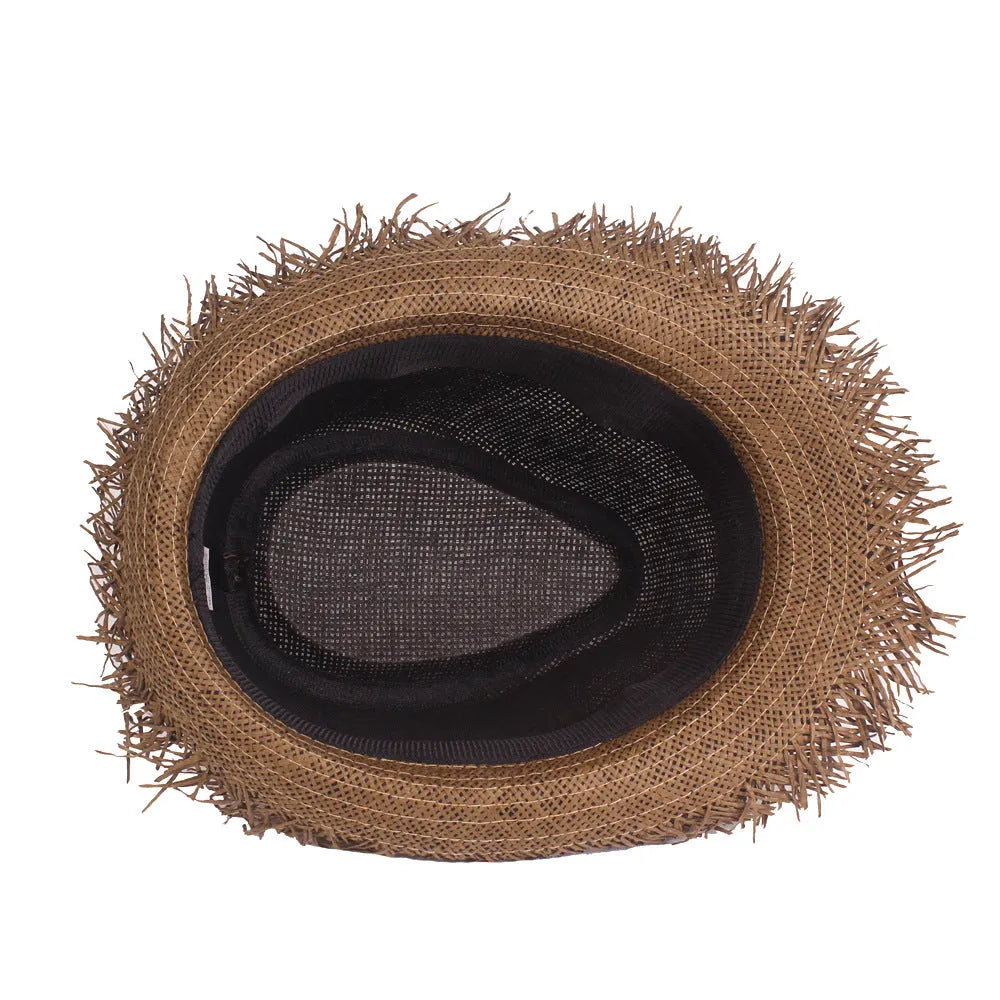 Men's straw top hat in khaki with satin weave, cone crown, and short brim for sun protection