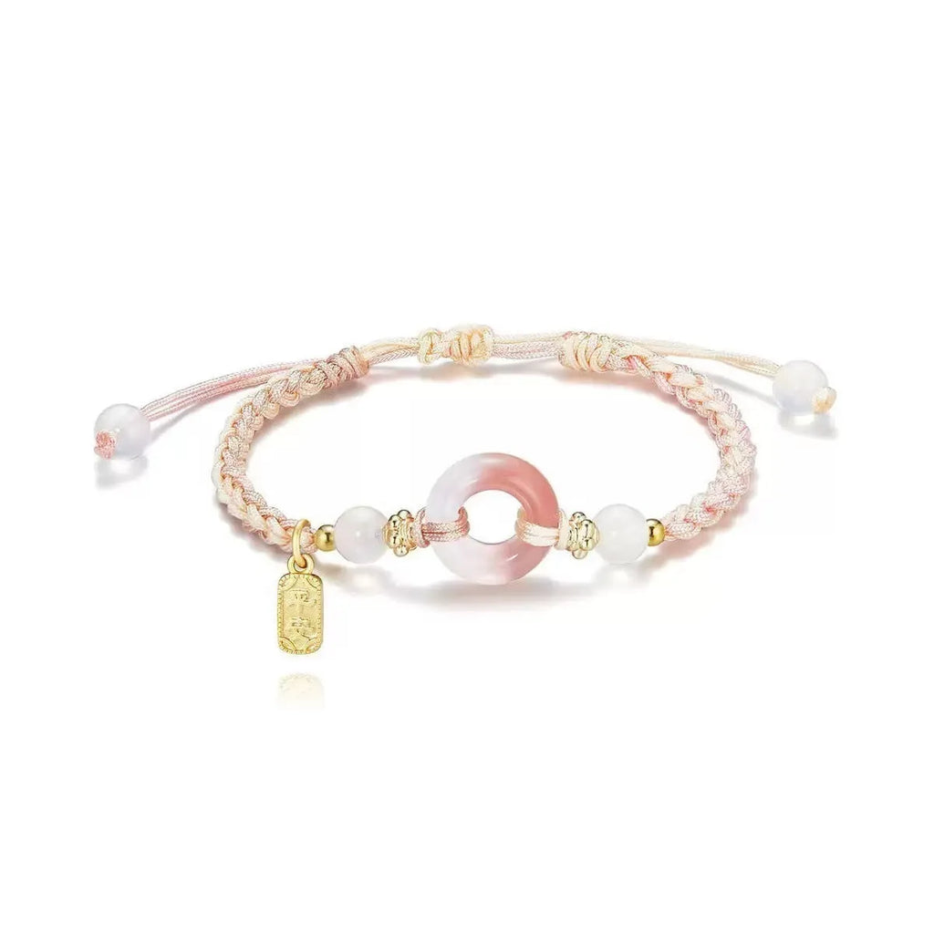 National style woven bracelet with peace buckle in peach blossom colours