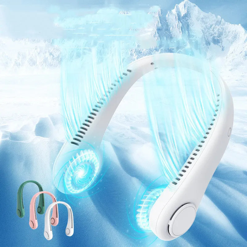 White portable neck fan hanging around neck with bladeless design and decentralised air outlet