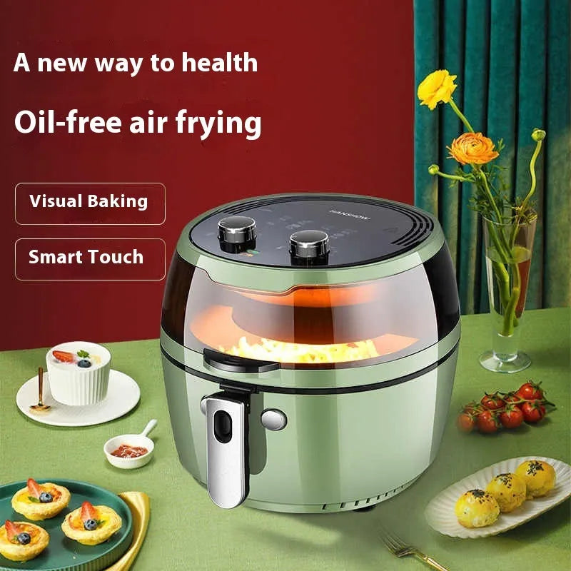 8-litre air fryer oven with mechanical buttons and viewing window on kitchen counter