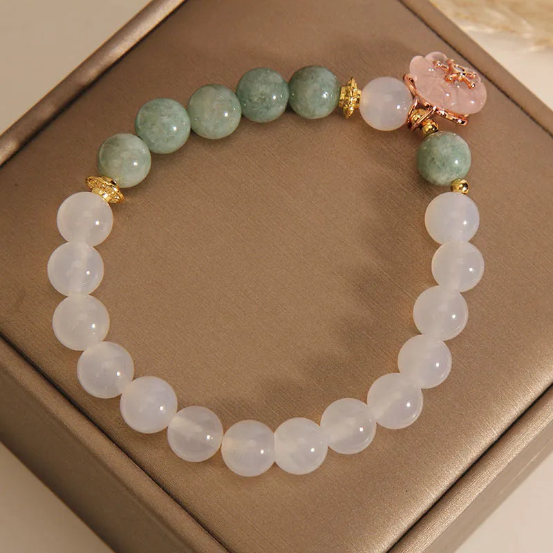 White agate and pink jade floral bracelet with adjustable beads for women