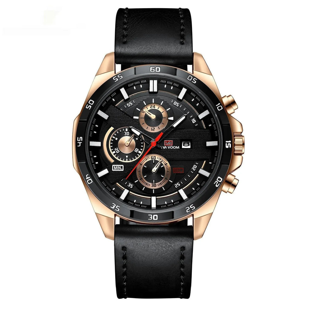 Men's stainless steel quartz watch with calendar display in rose gold and black colour option.