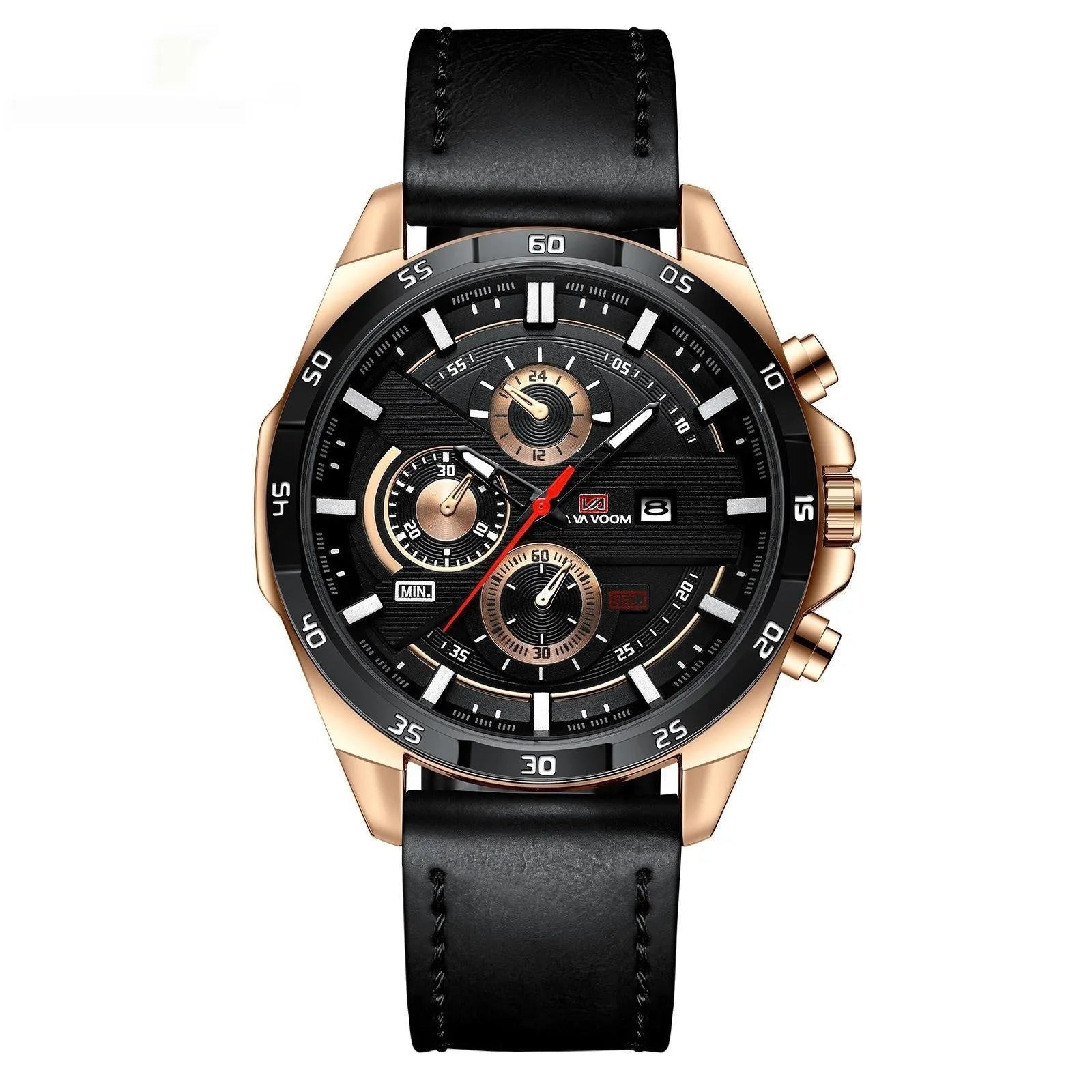 Men's stainless steel quartz watch with calendar display in rose gold and black colour option.