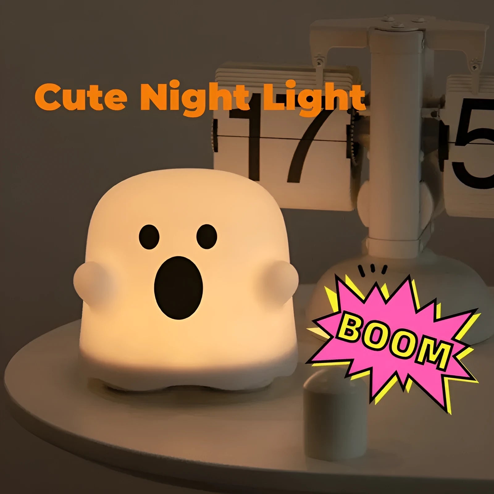 White portable LED touch sensor night light on a wooden bedside table.