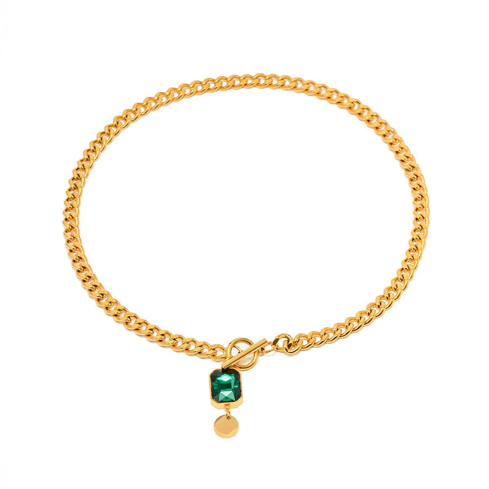 Gold titanium steel necklace with geometric round emerald zircon pendant on Cuban link chain