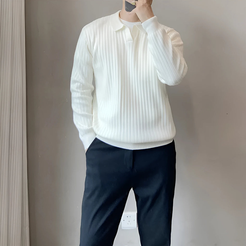 Men's loose grey knitted pullover sweater with a lapel collar on a hanger.