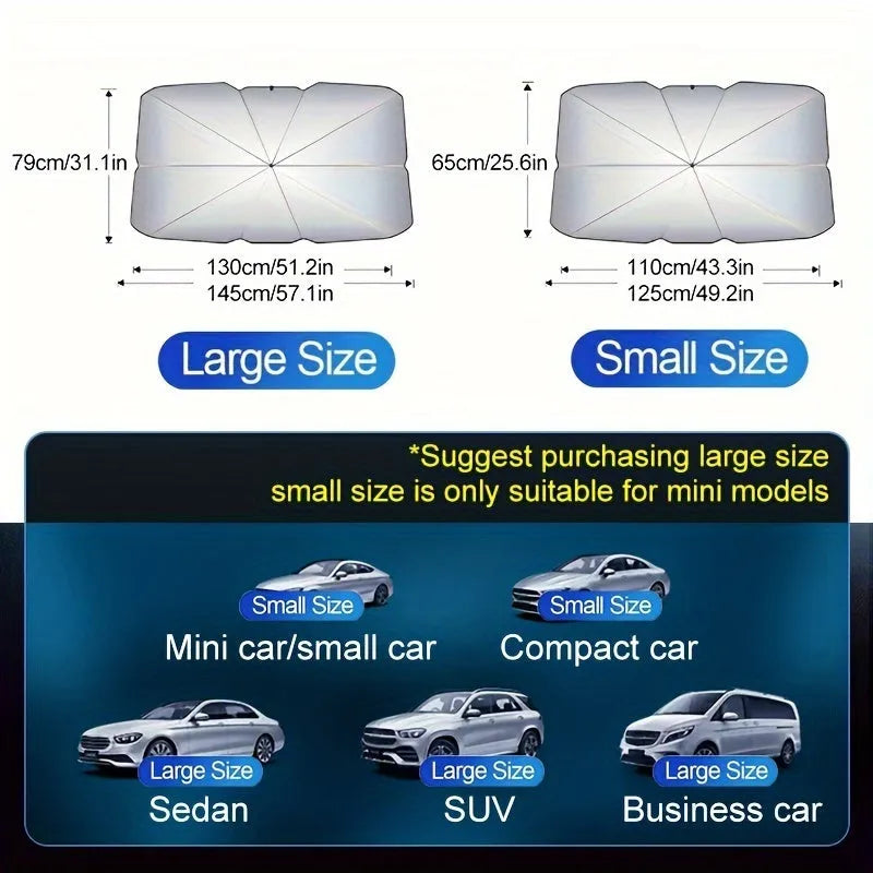 Foldable car windshield sunshade umbrella shown in open position against vehicle windshield