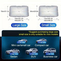 Foldable car windshield sunshade umbrella shown in open position against vehicle windshield