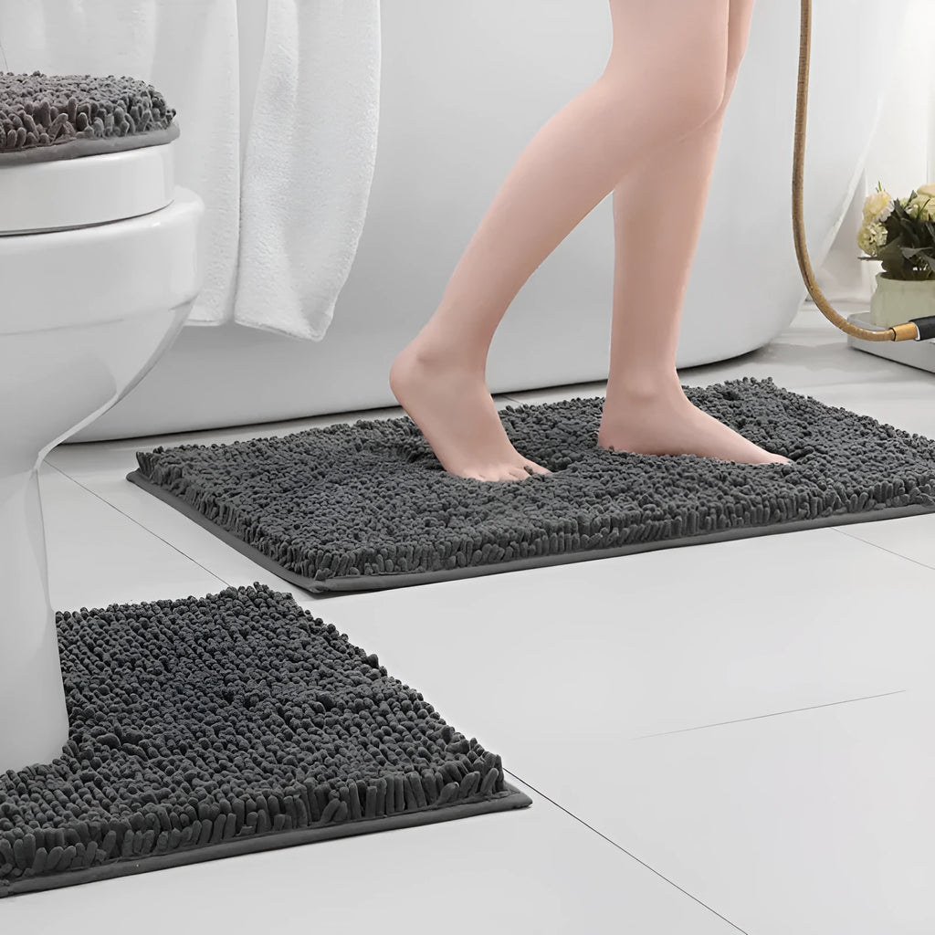 Three-piece chenille toilet mat set in green with a U-shaped piece, rectangular mats, and TPR anti-slip backing.