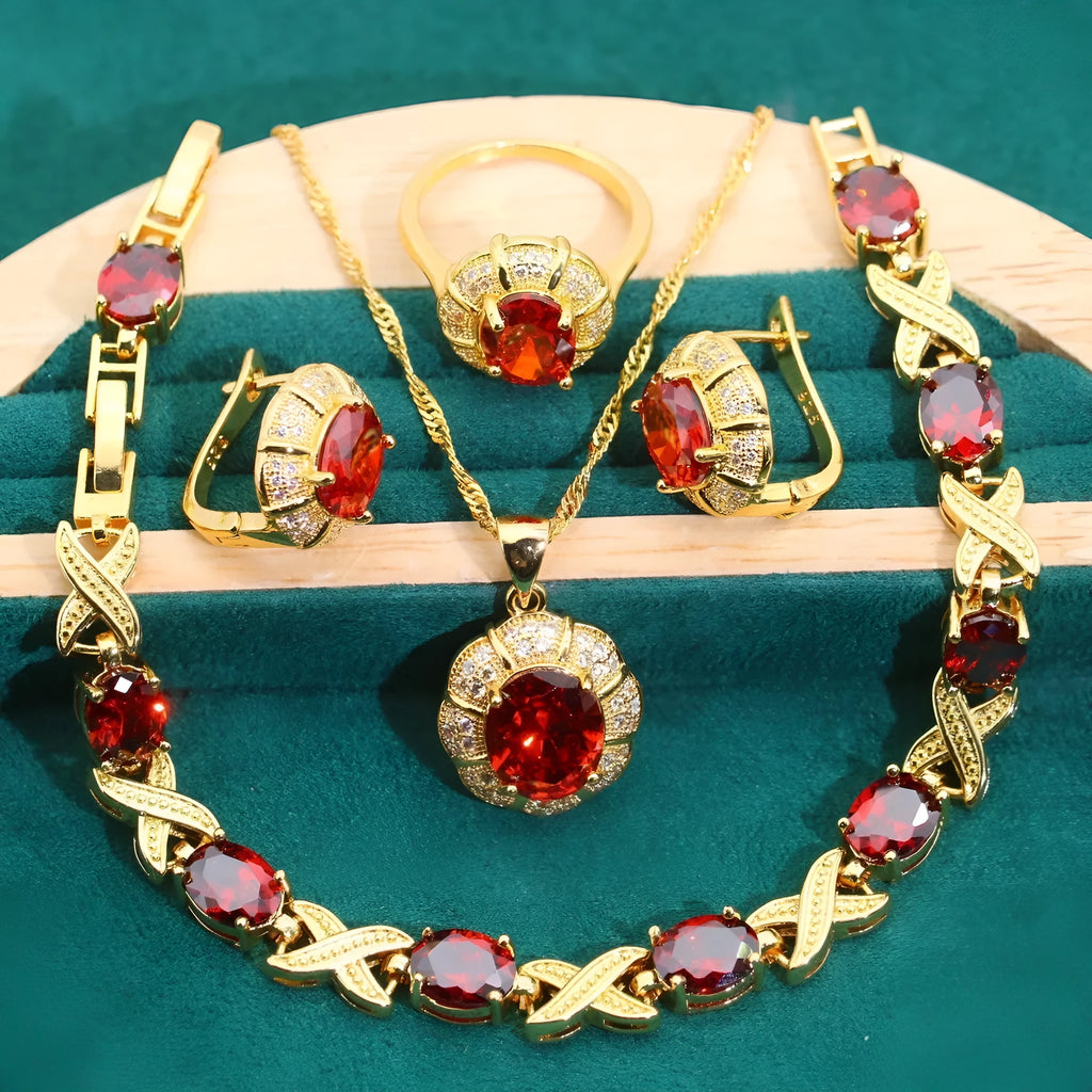 18k gold-plated zircon jewellery set showing ring, earrings, bracelet and necklace with multi-colour stones.