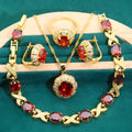 18k gold-plated zircon jewellery set showing ring, earrings, bracelet and necklace with multi-colour stones.