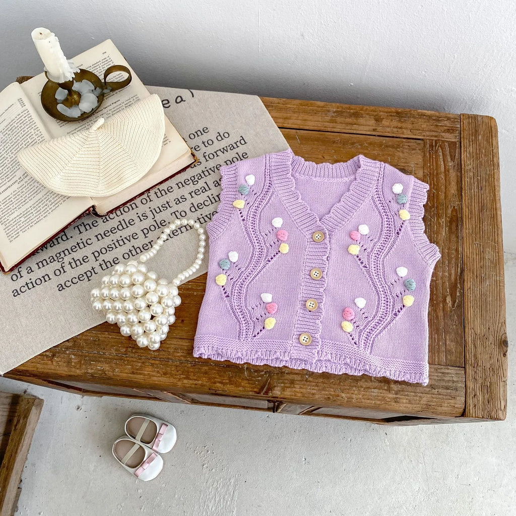 Cute purple dot children's knitted cotton vest sleeveless casual top for toddlers 73cm size