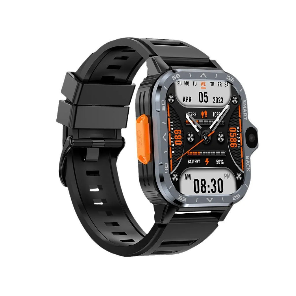 Black Android smart watch with touch screen displaying time, worn on wrist.