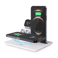 Black and white wireless desktop charging station for phones, headphones, and smartwatches with USB cable