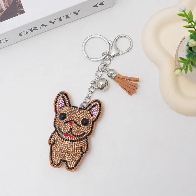 Cartoon French bulldog rhinestone keychain pendant in alloy with electroplated finish