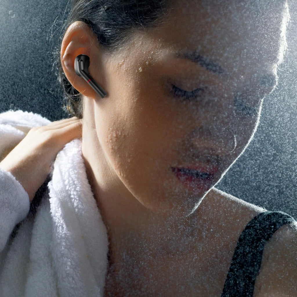 VV1 Black and White Bluetooth Earphones with charging case.
