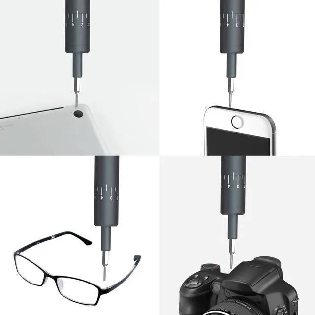 Black pen-style mini electric screwdriver with aluminium casing and micro USB charging port.