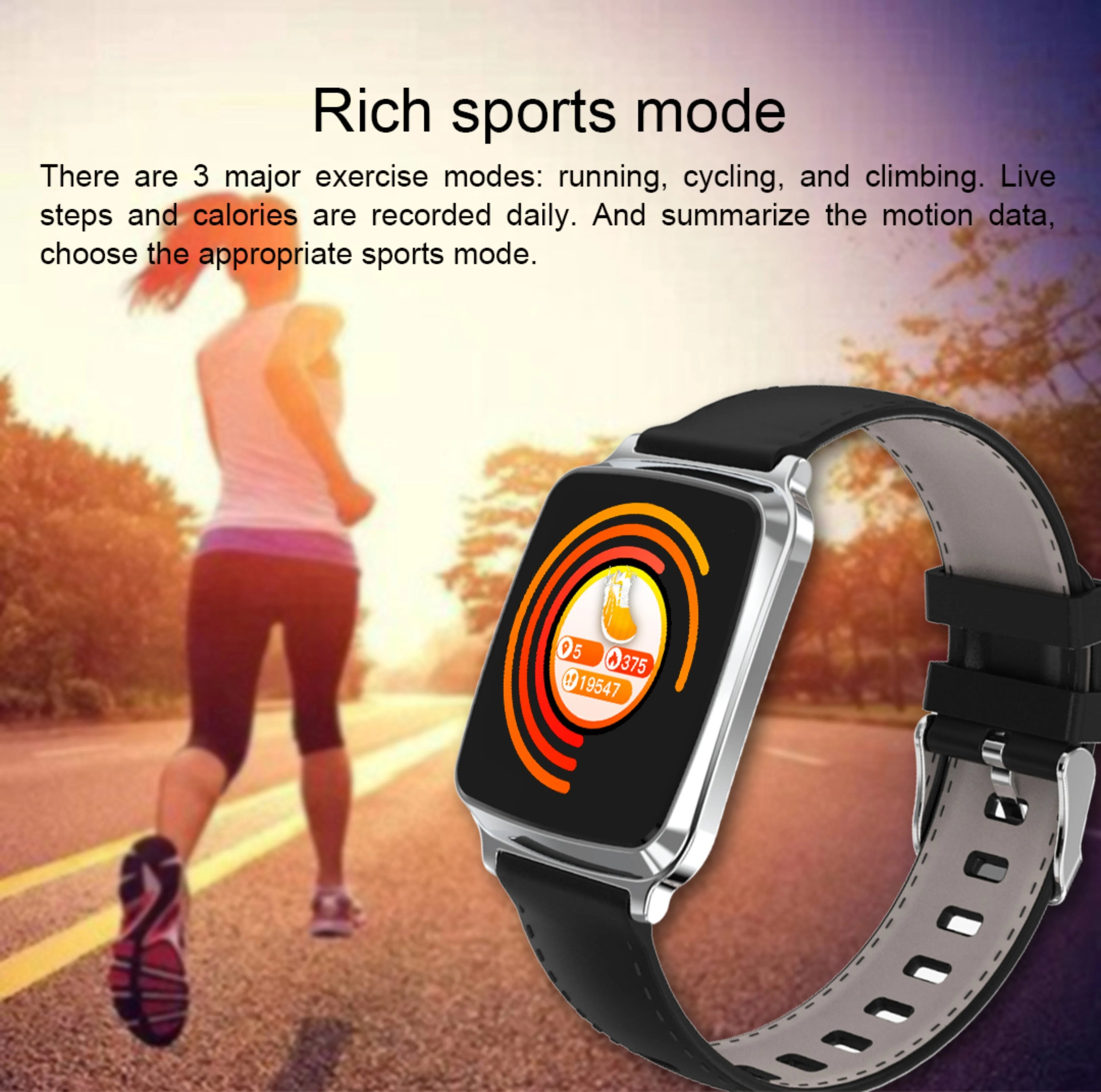 M8 round smart bracelet with heart rate monitor on a wrist, showing black, brown, gold, and silver colour options.