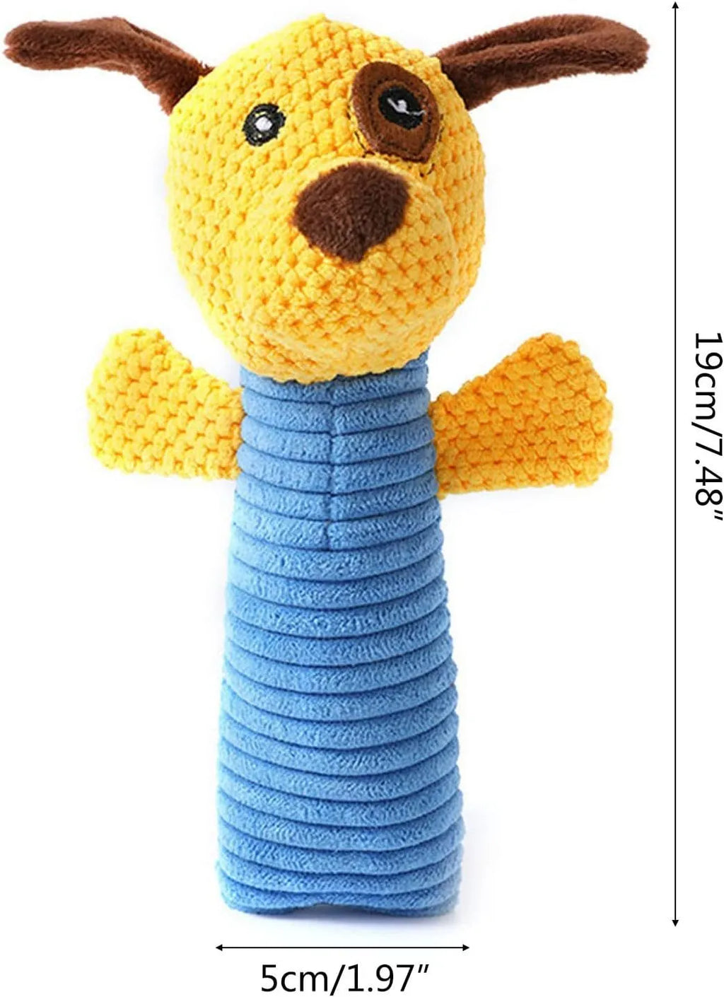 Squeaky stuffed animal dog chew toy for dental cleaning and play.