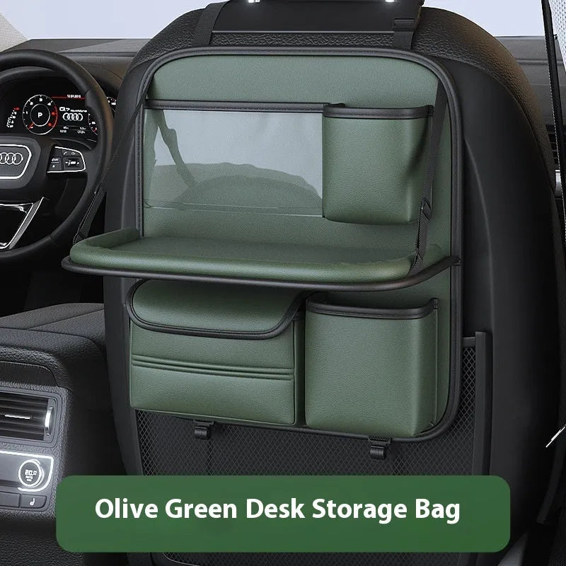 Leather car seat storage bag in black with handle and foldable dining table