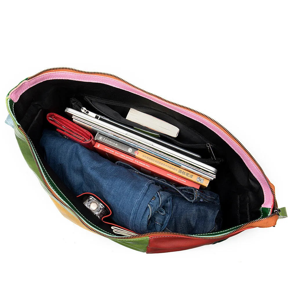 Cowhide leather travel document bag with stitching details and crossbody shoulder strap