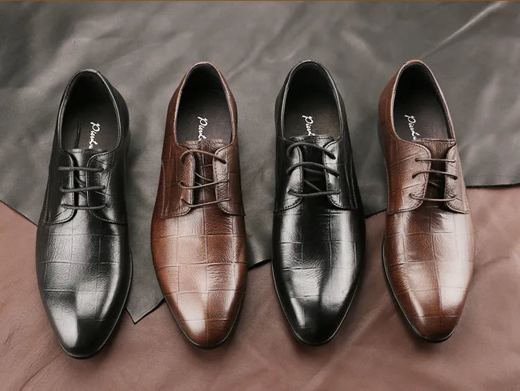 Men's black cow leather derby shoes with pointed toe and rubber soles for business wear