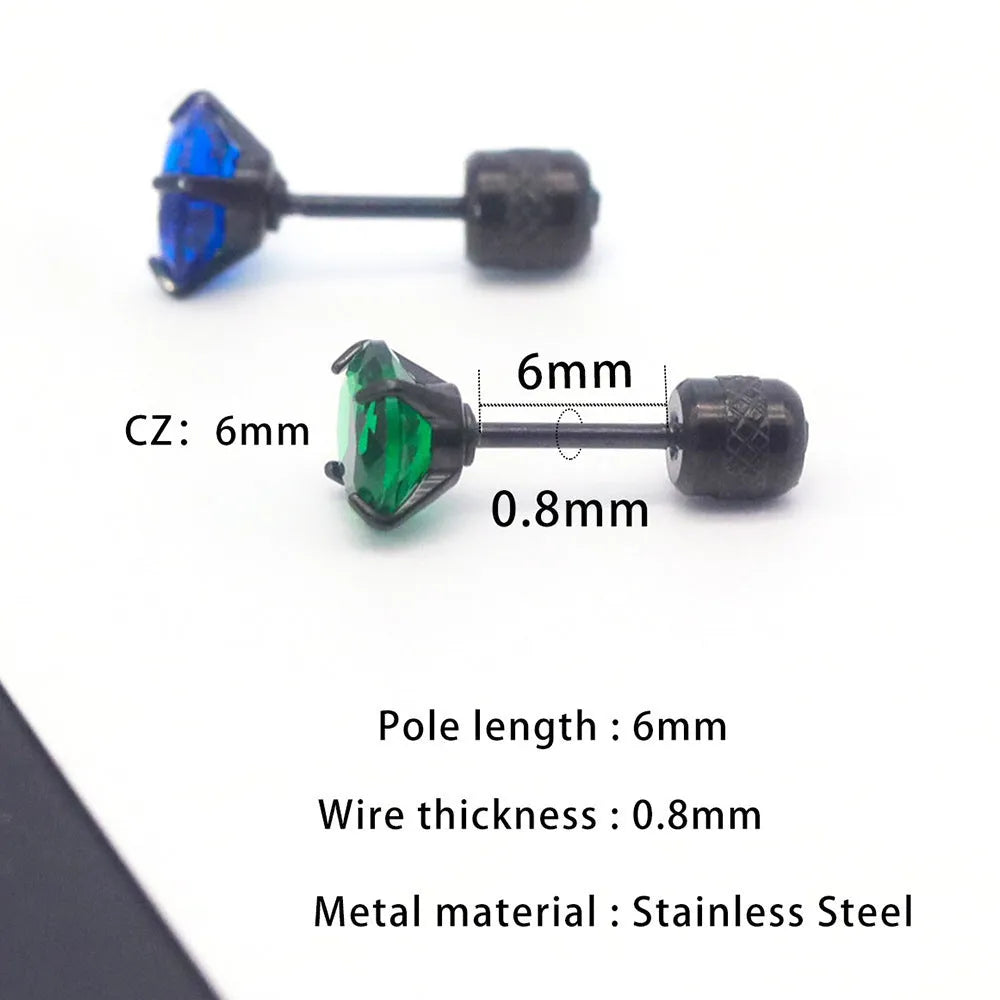 Geometric stainless steel zircon earrings in multiple sizes and colours with diamond treatment on a white background.