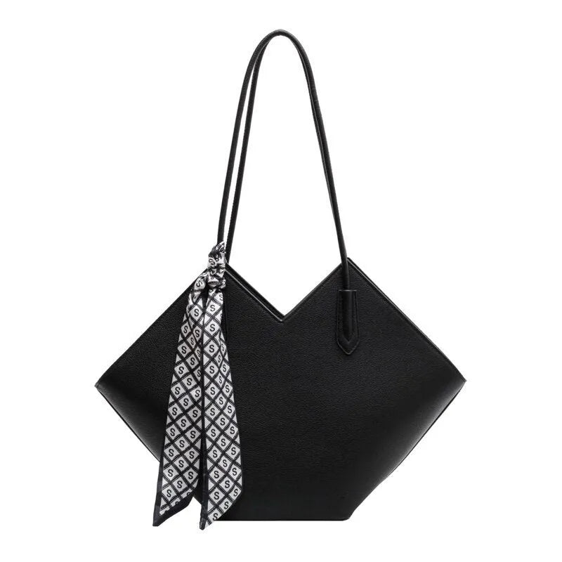 Women's large black PU leather shoulder bag with horizontal square shape and sandwich pocket.