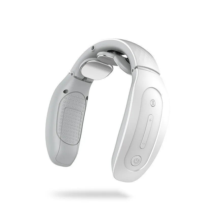 Small red and white intelligent cervical massager with battery, for neck, back, and leg massage.