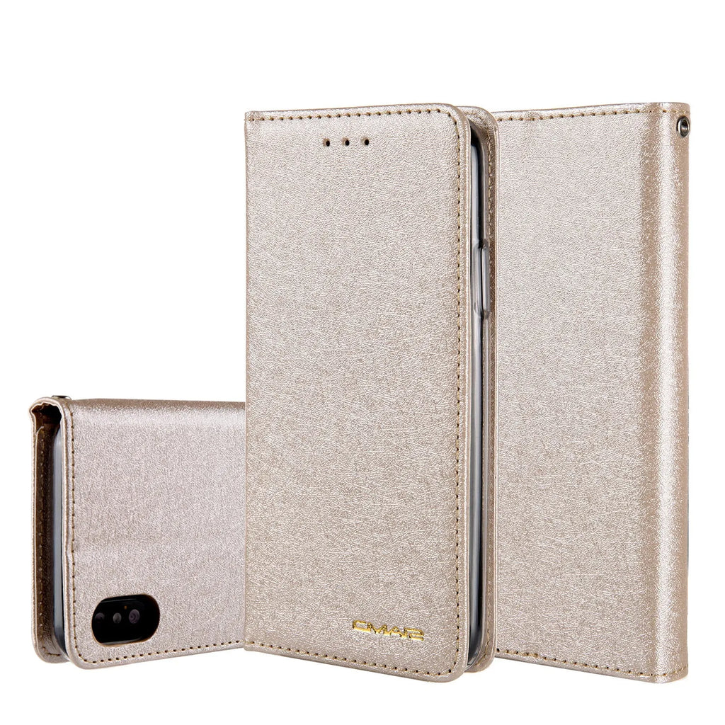 PU leather flip phone case with card slots for iPhone, shown in various colours.