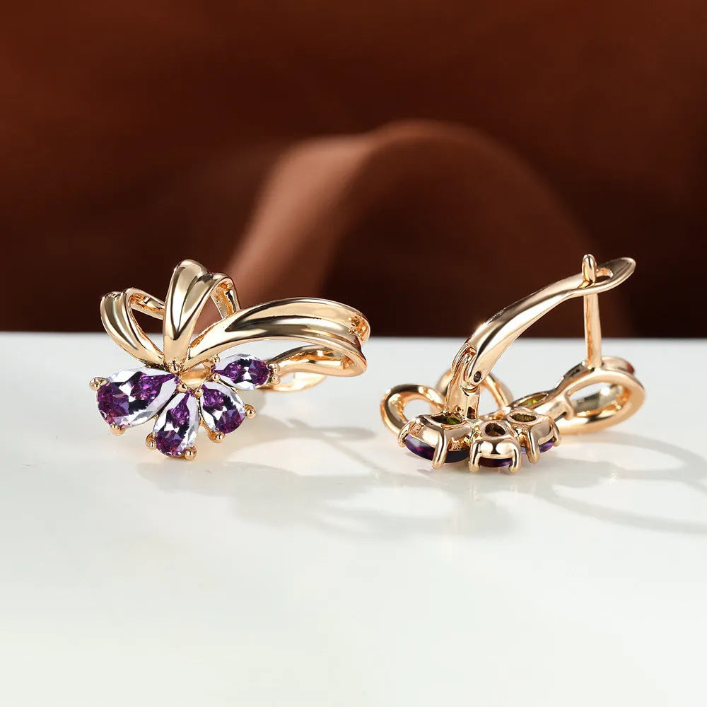 Champagne gold flower earrings with AB colourful crystal on copper, round shape studs for women