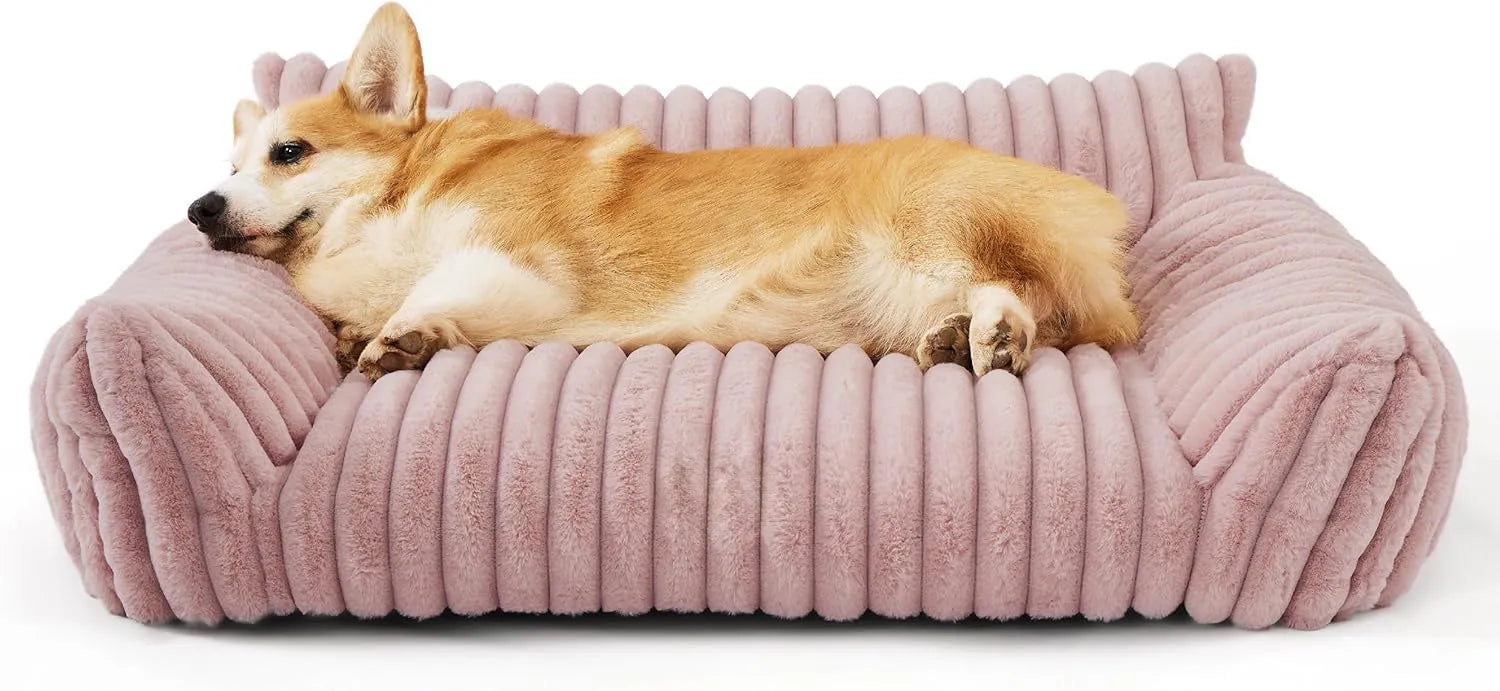 Supportive cat couch bed with three-sided design and soft corduroy fleece fabric in beige colour