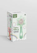 Sunflower shape plastic electric bubble blower toy in mint green colour on table