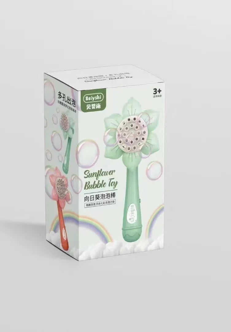 Sunflower shape plastic electric bubble blower toy in mint green colour on table