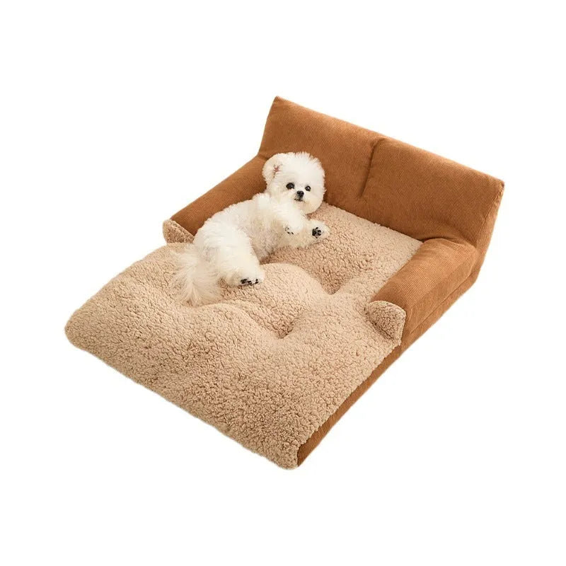 Small brown and grey fabric dog kennel bed with a plush cushion inside, showing its non-slip base.