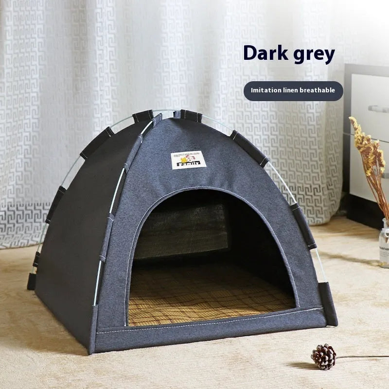 Grey tent-style pet bed for small dogs and cats with a removable washable cover.
