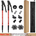 Aluminum alloy three-section adjustable trekking poles in black, red, blue, or silver.