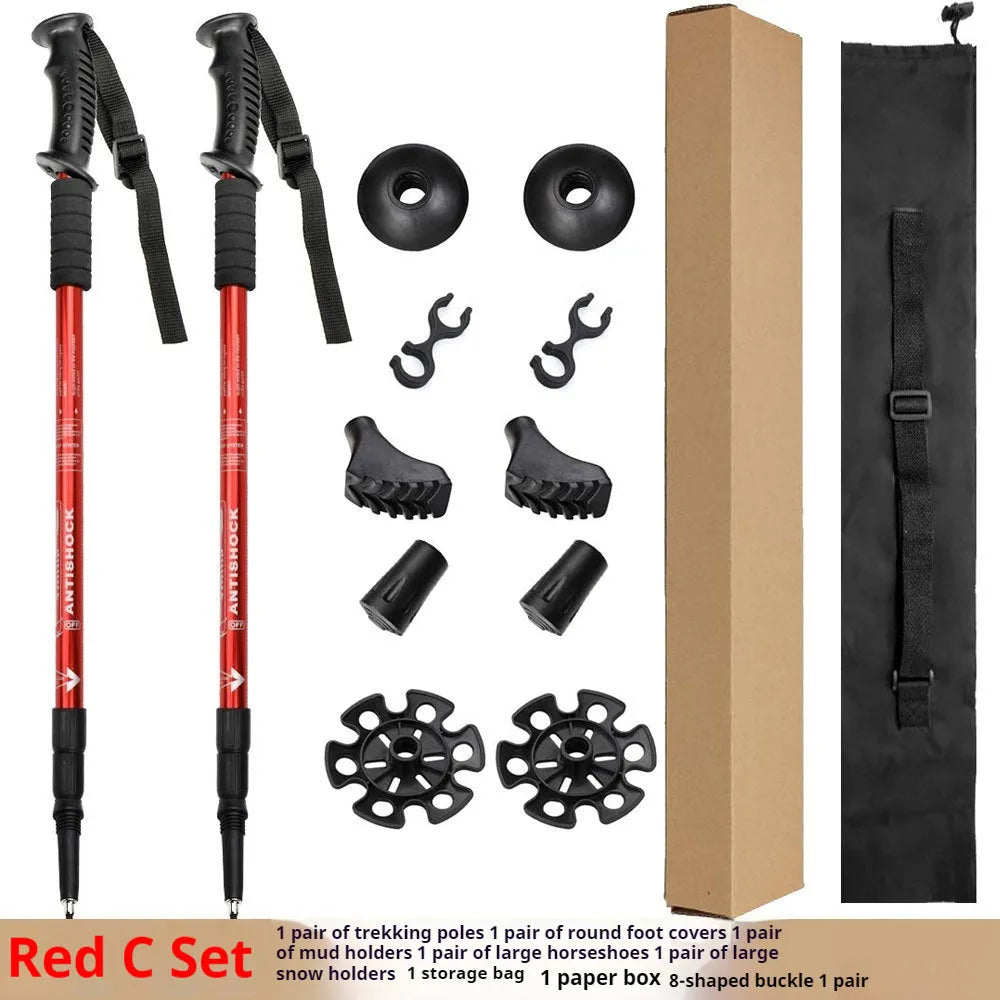 Aluminum alloy three-section adjustable trekking poles in black, red, blue, or silver.